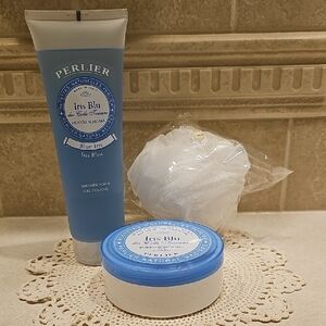 New Sealed 3pc Perlier Iris Blu Shower Gel and Body Butter Set With Bath Pouf